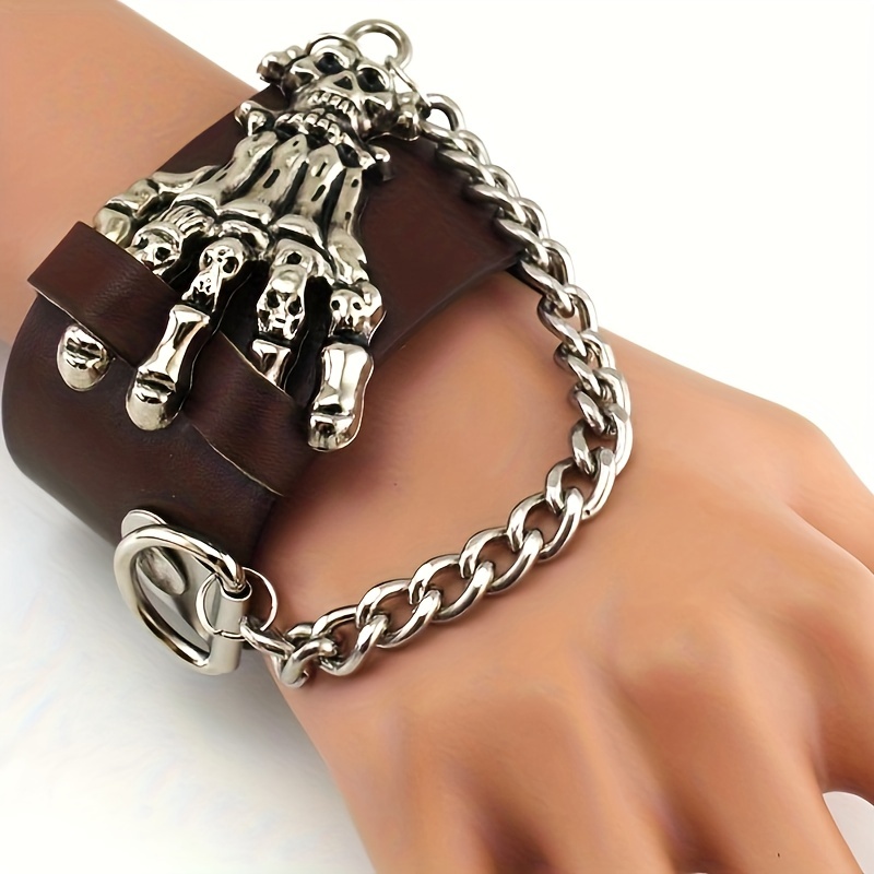 Gothic Skull Hand Wristband with Metal Chain